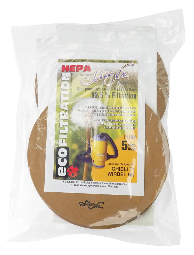 111NH Round HEPA Microfilter Bags for Johnny Vac JVT1 & Wirbel W1 Backpack Vacuums (5-Pack)