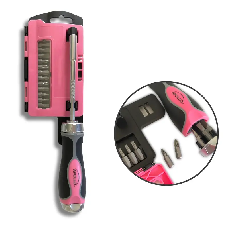 13-in-1 Ratcheting Pink Screwdriver with Interchangeable Bit Set – DT5021P