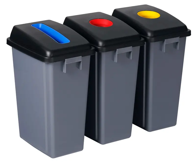 3-Bin Color-Coded Recycling Station – 60-Liter (13.2-Gallon) Capacity per Bin, Gray Finish
