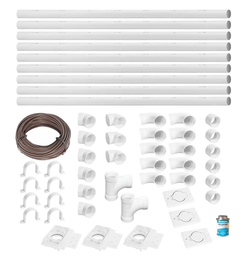 Central Vacuum Installation Kit – 3 Wall Inlets + 48 ft (14.6 m) Piping + Accessories