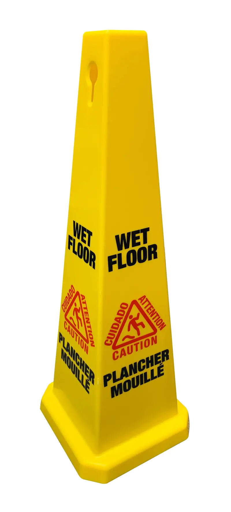 Four-Sided Bilingual Wet Floor Cone Sign – 36-Inch Diameter, 91.4-Cm Height, Yellow