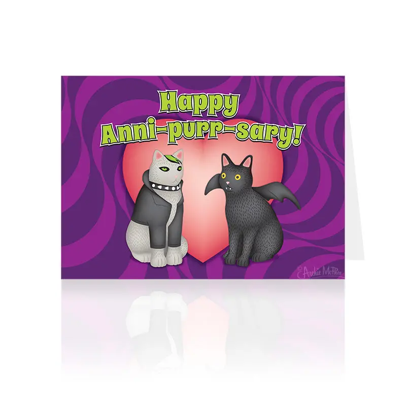 Goth Cats Anniversary Card – ‘Happy Anni-purr-sary’ Dark-Themed Design