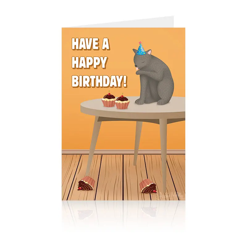 Grey Cleaning Cat Birthday Card – ‘Have a Happy Birthday’ Greeting