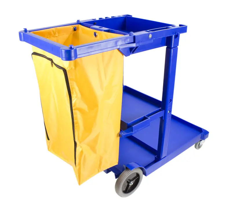 Janitorial Cart with Front Swivel and Rear Non-Marking Wheels, Polyester Waste Bag Support, 3 Shelves, Blue