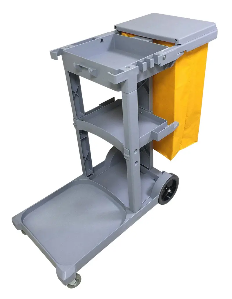 Janitorial Cart with Front Swivel and Rear Non-Marking Wheels, Polyester Waste Bag Support, 3 Shelves, Gray