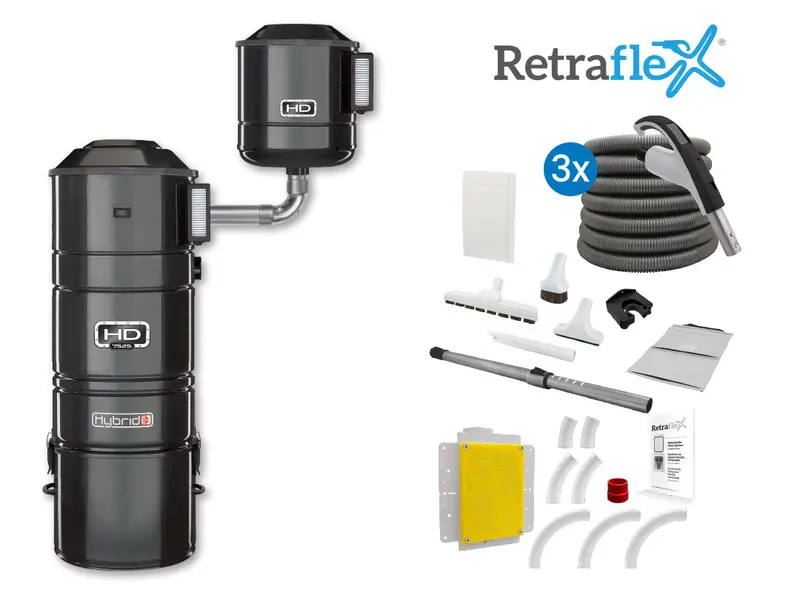 MVac HD7525 Hybrid Central Vacuum – 240V, Includes Three Retraflex Hose Kits and Three Inlets