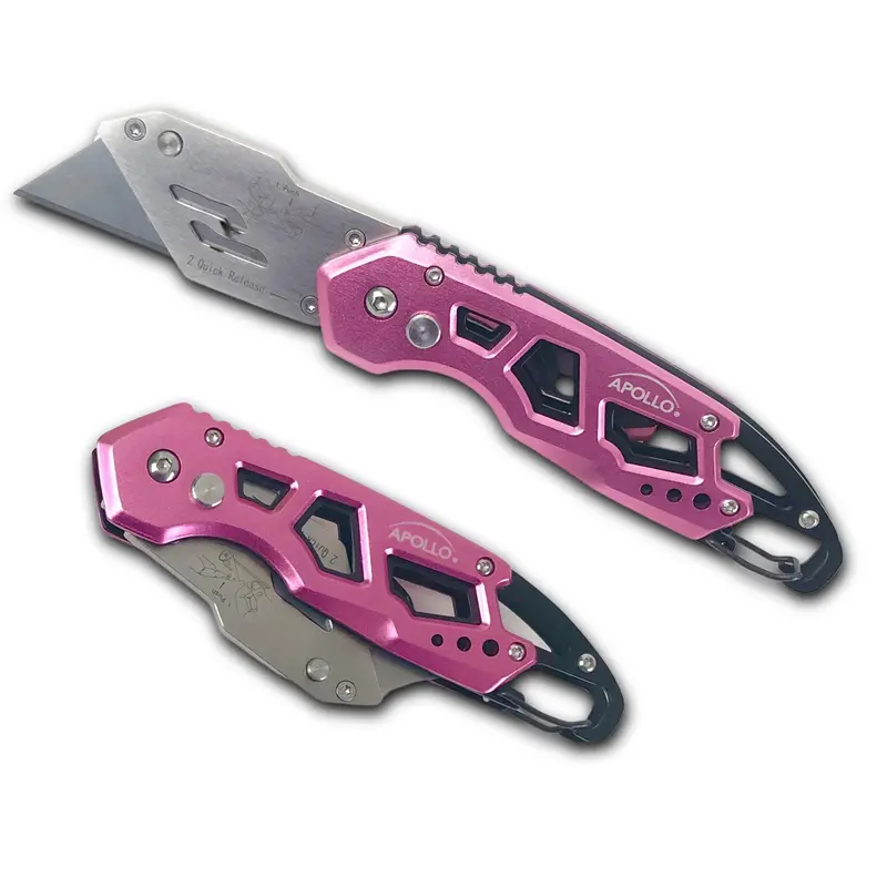 Pink Foldable Utility Knife with Stainless Construction, Carabiner Clip & Rapid Blade Exchange – DT5017P