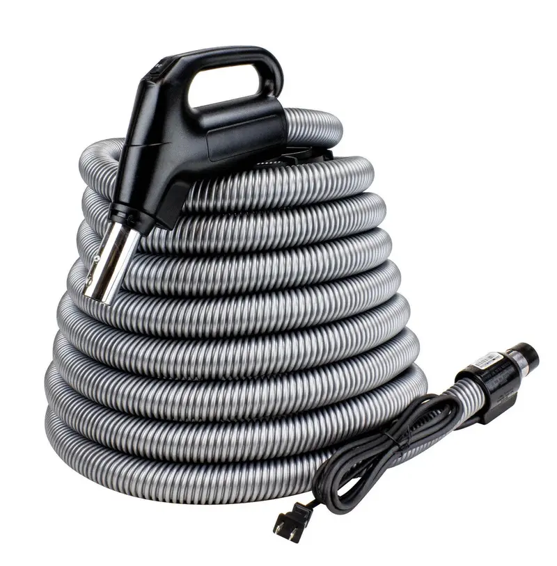 Plastiflex Central Vacuum Electric Hose – 30′ to 35′, Gas-Pump Grip, On/Off Switch, Lock Button, Silver Finish
