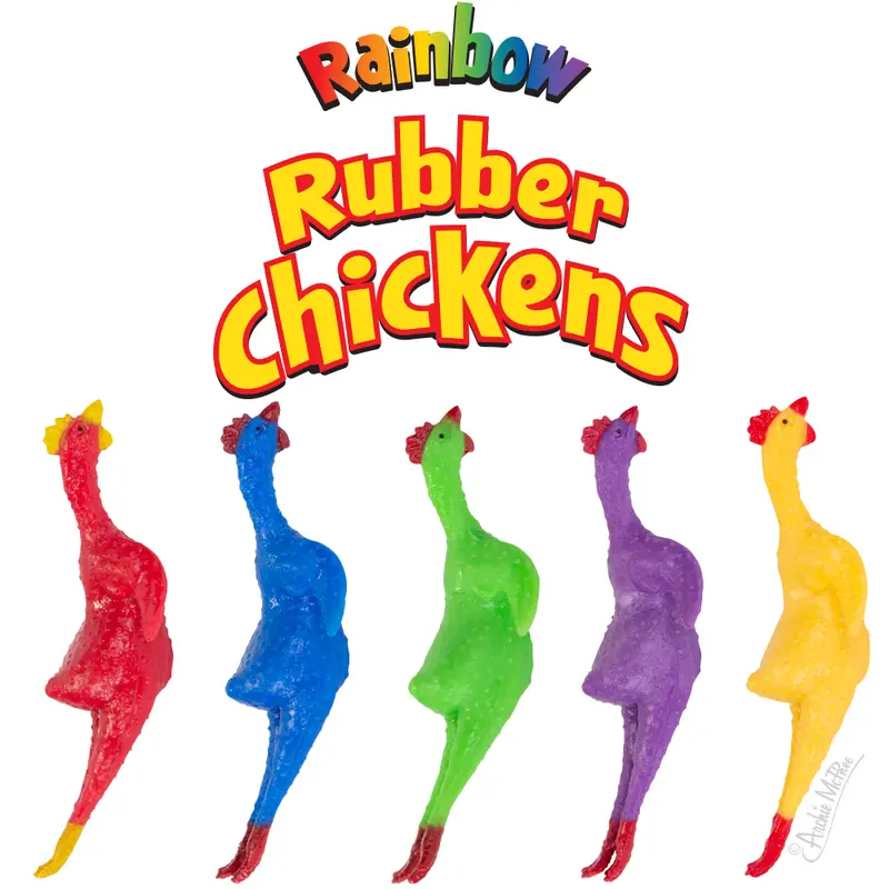 Set of 5 Rainbow-Colored Rubber Chickens
